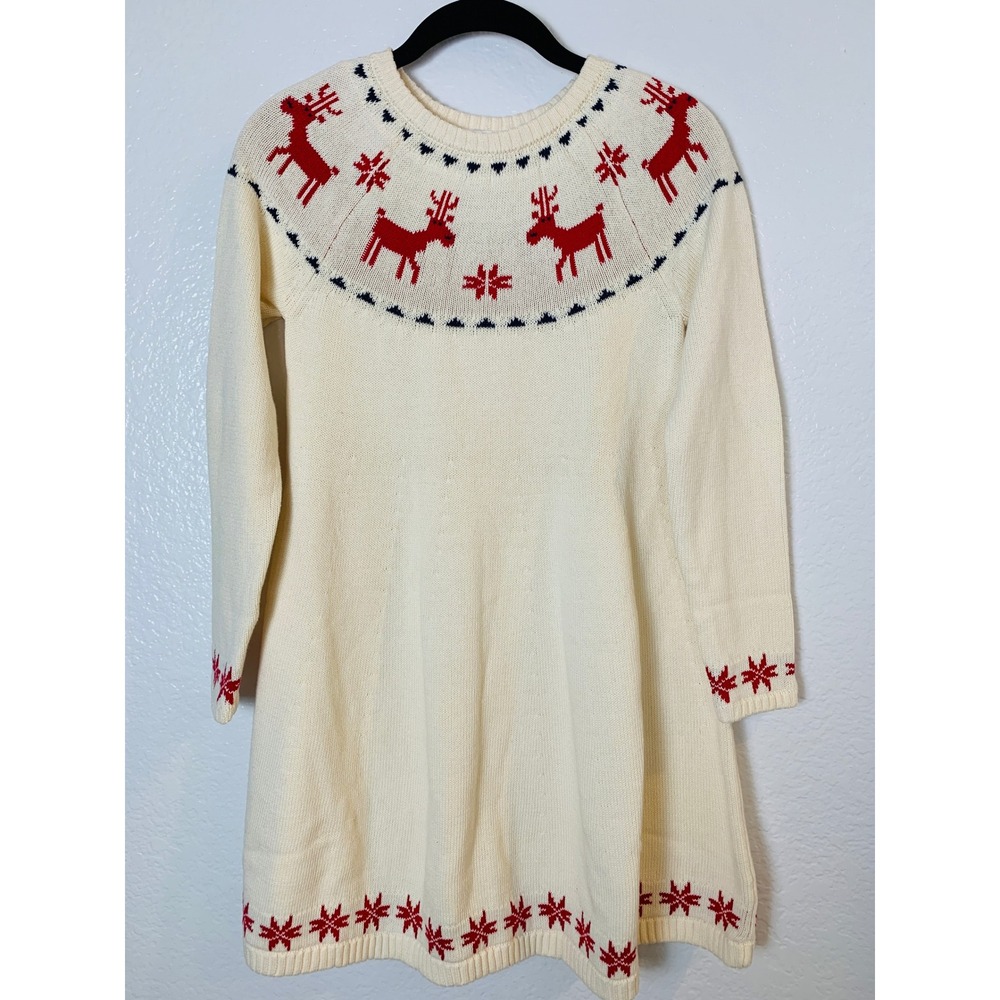 Hanna Andersson Sweater Dress Girls 10 Cream Red Reindeer Fair Isle Holiday Knit